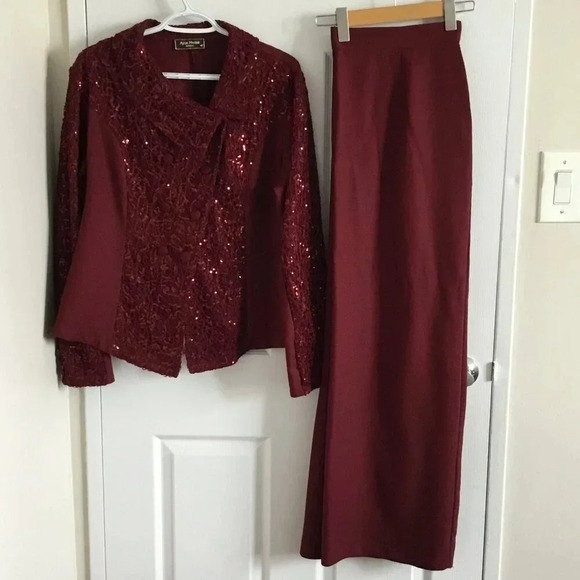 Set Jacket Skirt Maxi Lace sequins Burgund  Evening Formal Sz 14 US Women PLUS - Picture 1 of 10
